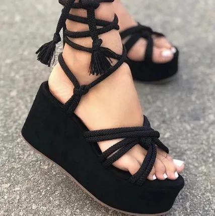 Summer Women Wedges Shoes High Heel Strappy Sandals Black - Shop at LoveMi