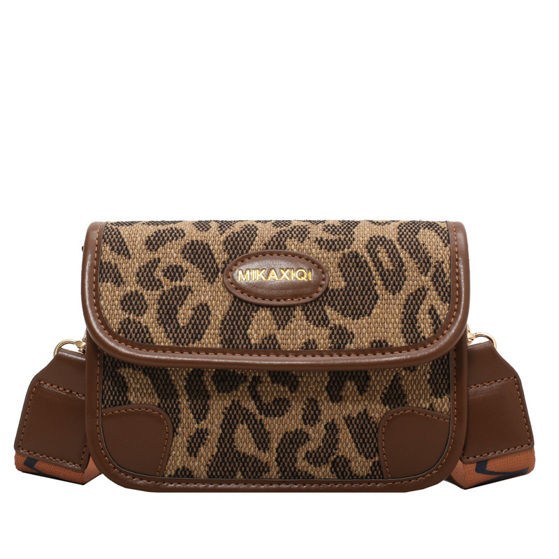 Letter Wide Shoulder Strap Leopard Print Fashion Small Square Bag Brown - Shop at LoveMi