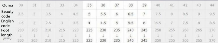 Women's slide slippers size chart