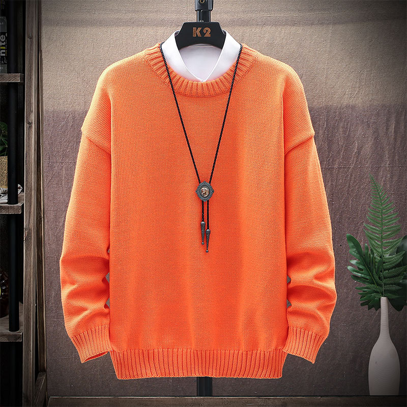 Men's New Casual Round Neck Brown Long-Sleeved Pullover Loose Sweater