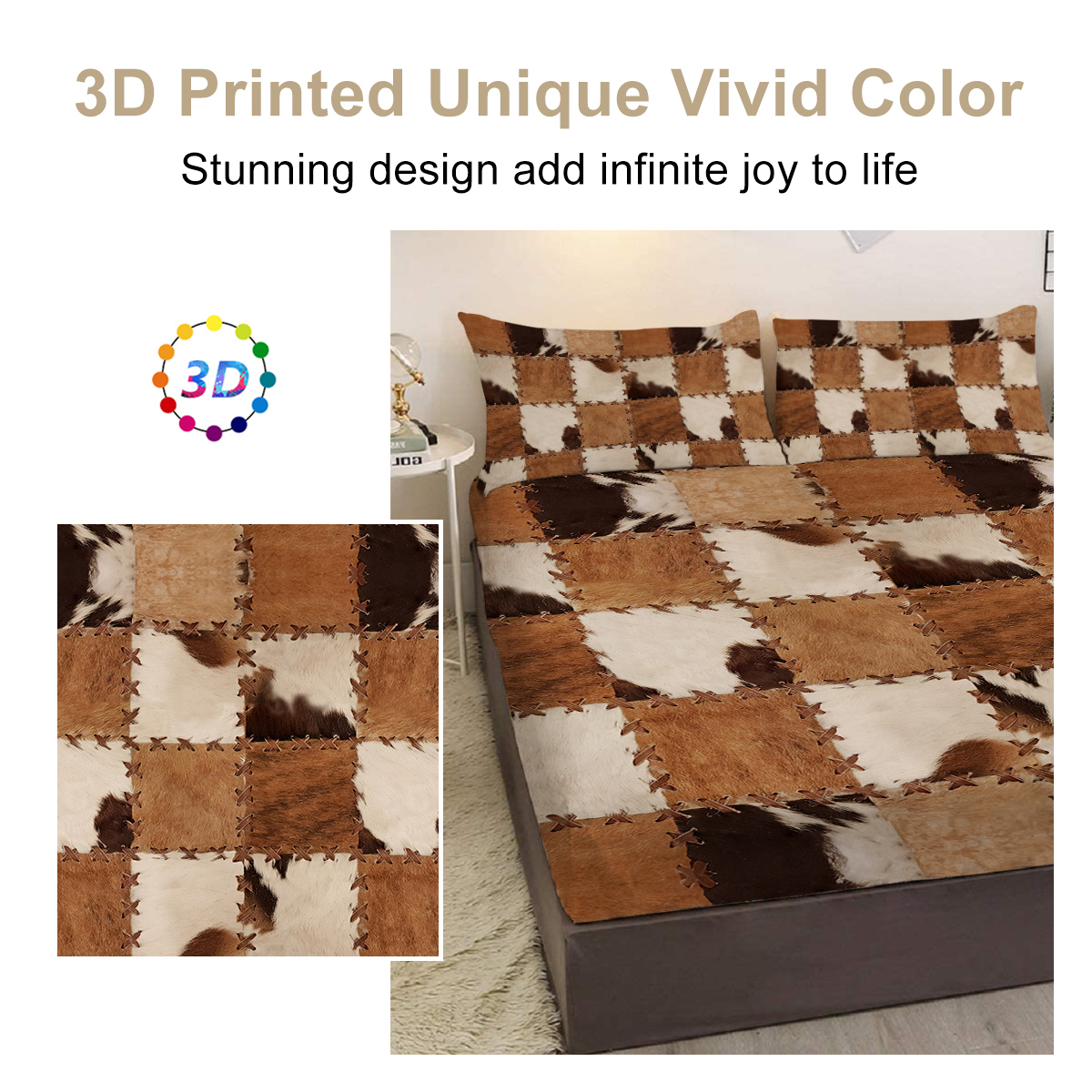 3PCS Bed Fitted Sheet Set, Simulated Stitched Leather Printed Fitted Sheet, Brown,1 Fitted Sheet, 2 Pillow Cases