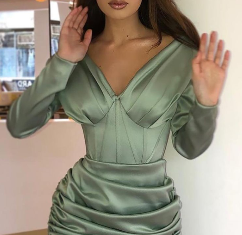 Women's Grey Green Long Sleeve V-Neck Pleated Dress
