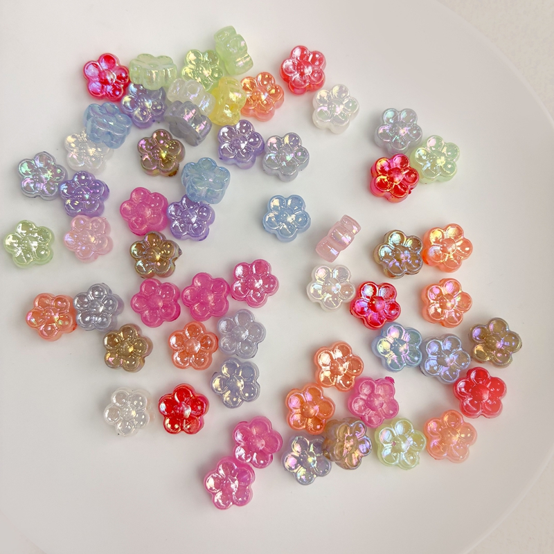 10mm Mini Five-Petal Flower Acrylic Beads, Mixed Color AB Gold Powder Finish, Straight Hole Loose Spacer Beads For Jewelry Making