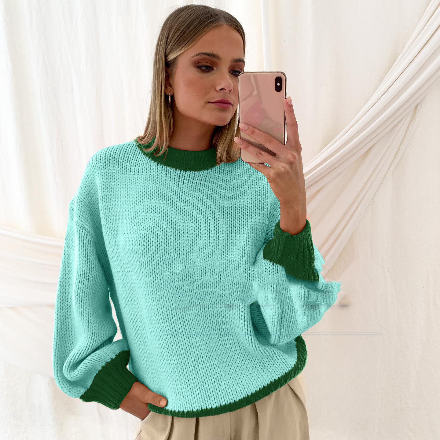 New Women's Knitted Sweater Stitched Pullover Loose Green - Shop at LoveMi