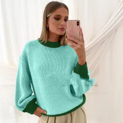 New Women's Knitted Sweater Stitched Pullover Loose - Green - View 1