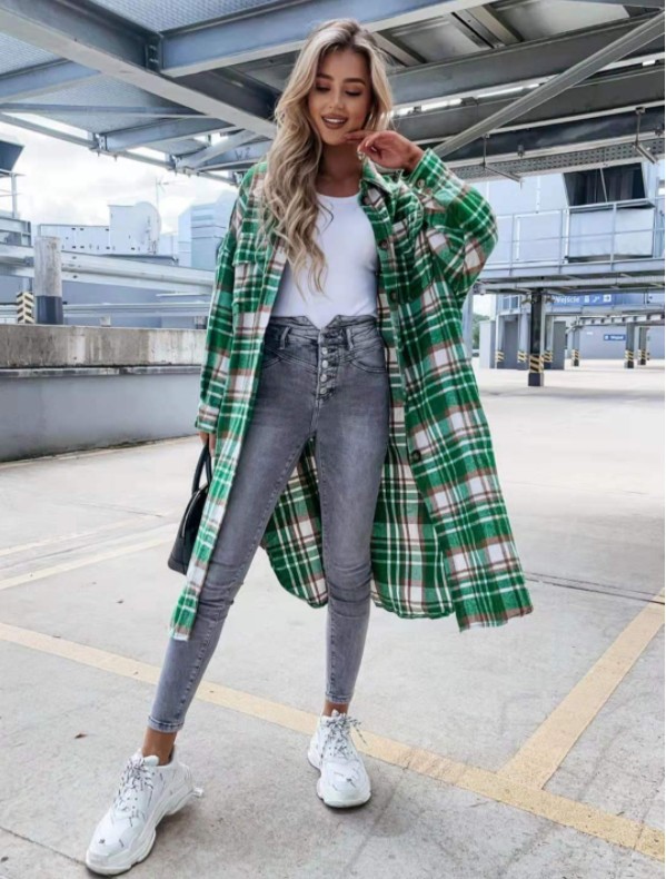 Title 12, New Style Lengthened Plaid Shirt Women