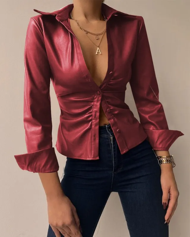 Spring Long Sleeved V Neck PU Leather Splicing Women Wine Red - Shop at LoveMi