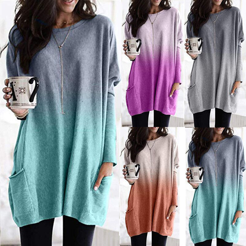 Title 2, Gradient Color Long Sleeved Casual Pocket T Shirt