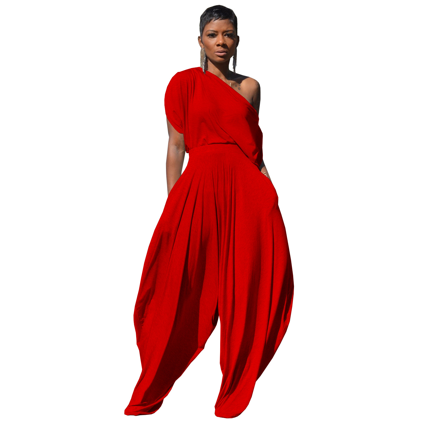 Casual Solid Cotton Cross-Shoulder Harem Pants Set Of Two