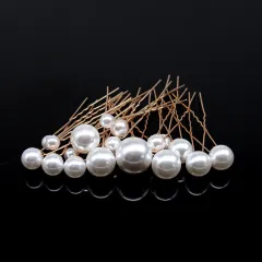 Pearl Hair Fork Clip Insert Needle Alloy Round Bead Headdress - Gold White 18Pcs - View 1