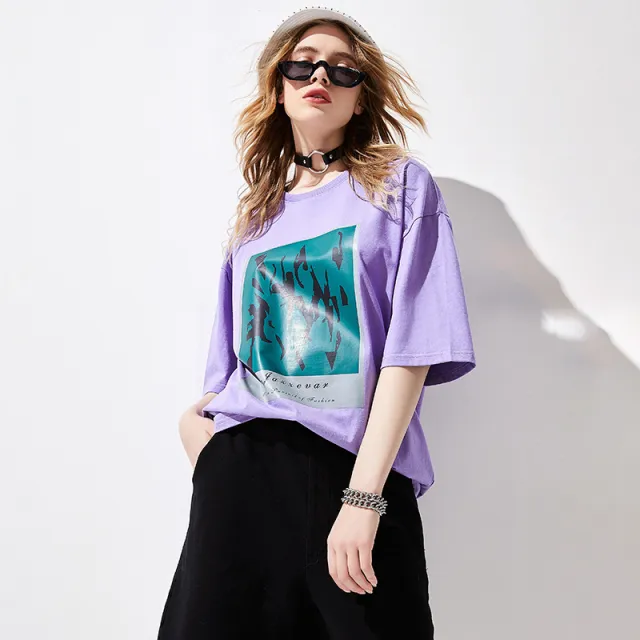 Cotton T Shirt Comfortable Simple Short Sleeve Purple - Shop at LoveMi
