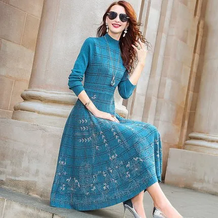 Long Sleeve Slim Jacquard Wool Dress With Large Swing Blue Check - Shop at LoveMi