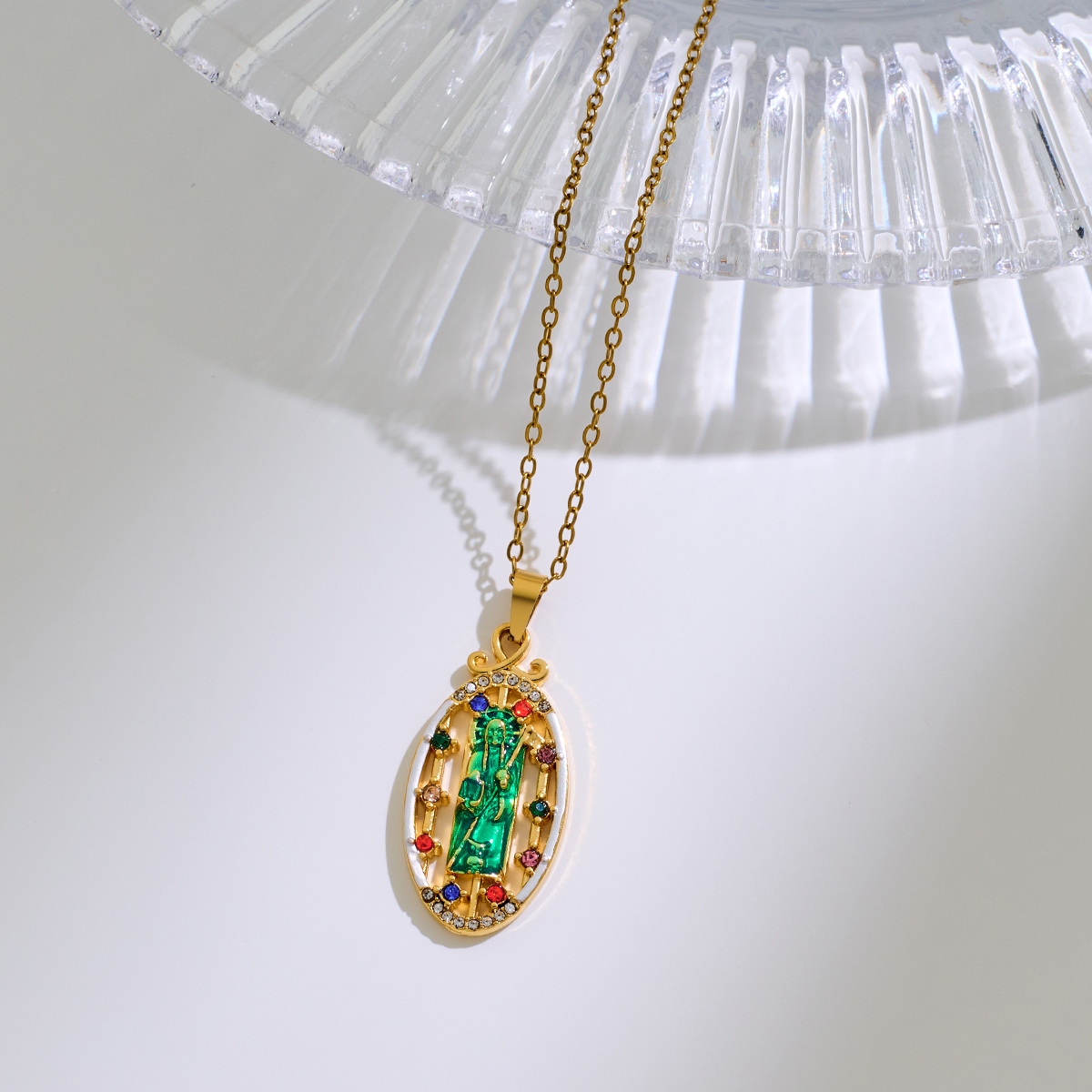 Stainless Steel Inlaid Rhinestone Epoxy Religious Series Pendant Necklace
