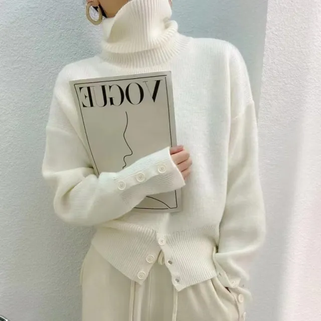 White Turtleneck Sweater Pullover Button White - Shop at LoveMi