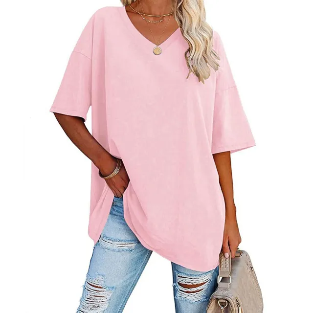 European And American Women's Loose Short sleeved V neck T shirt Pink - Shop at LoveMi