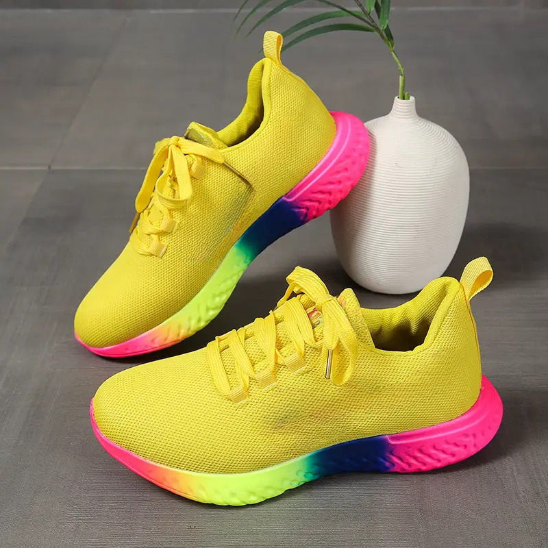 Lace up Mesh Shoes With Rainbow Sole Design Fashion Walking Running Sports Shoes Sneakers For Women Yellow - Shop at LoveMi