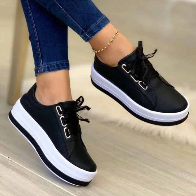 Fashion Flats Sneakers Women Ribbon Lace up Platform Shoes Black - Shop at LoveMi