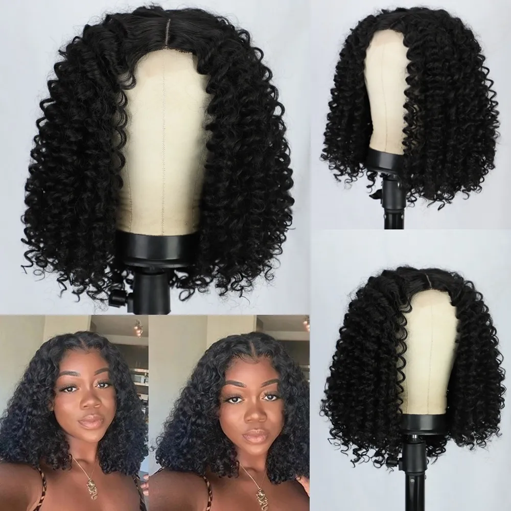 Black Short Curly Front Lace Afro Wig Head Cover - Black