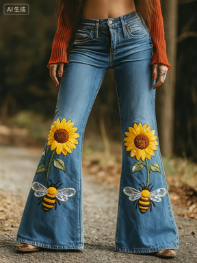 Fashion Retro Printed Flared Pants, Women's Jeans
