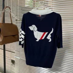 New Thin Stripe Dog Pattern POLO Polo T-Shirt Dachshund Short Sleeve - Navy - View 1