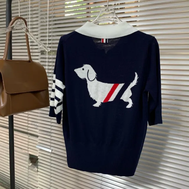 New Thin Stripe Dog Pattern POLO Polo T Shirt Dachshund Short Sleeve Navy - Shop at LoveMi