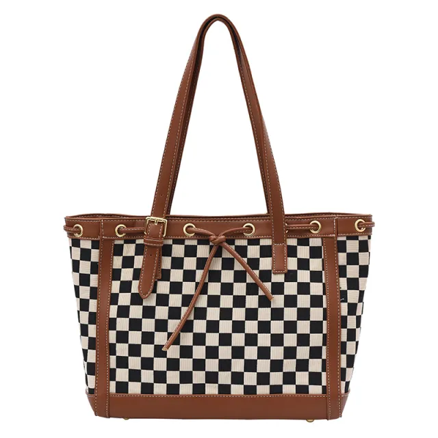 Contrast Color Tote Bag With Checkerboard Brown - Shop at LoveMi