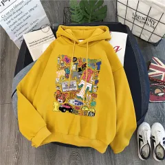 Women's Loose Cartoon Letter Hooded Plus Fleece Sweater - Yellow - View 1
