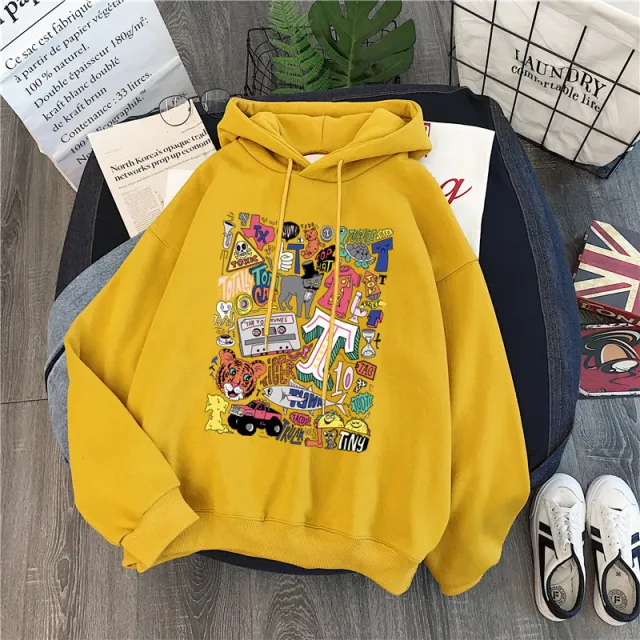 Women's Loose Cartoon Letter Hooded Plus Fleece Sweater Yellow - Shop at LoveMi