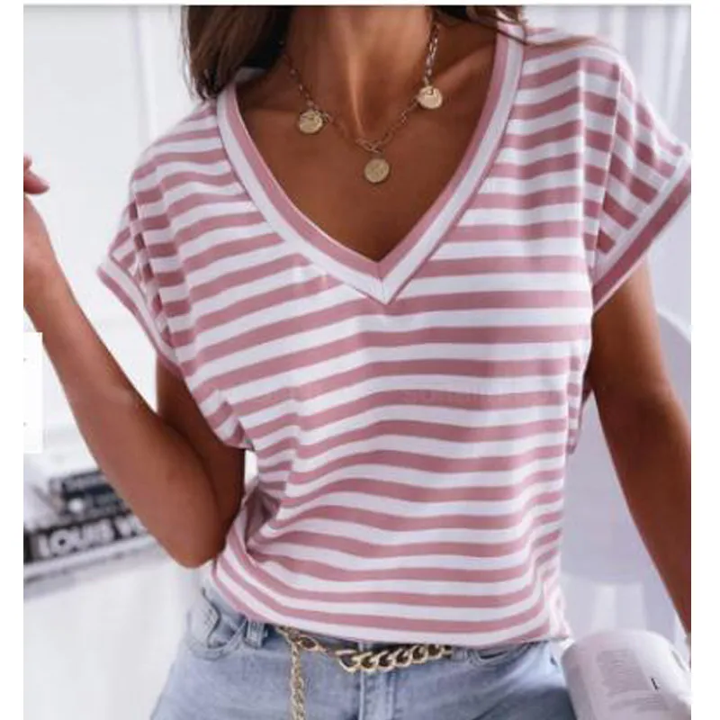 Women's Top Striped V-neck Summer Short-sleeved T-shirt - Pink Stripes