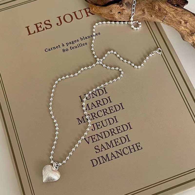 1pc 999 Sterling Silver Matte Heart Pendant Ball Chain Necklace, Minimalist Sweet Style, Perfect For Daily Wear & Valentine's Gifts