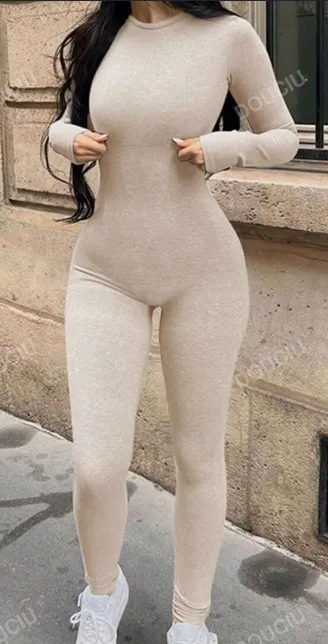 Solid Color Round Neck Long Sleeve Jumpsuit, Ribbed Knit Tight Jumpsuit, Spring Autumn Khaki - Shop at LoveMi
