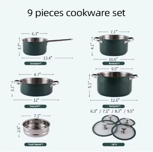 4pcs Stainless Steel Ceramic Coated Pot Set, Including 1 Milk Pot, 2 Stockpots, 1 Non-stick Pan, 4 LIDS And 1 Steamer Green — foto 5