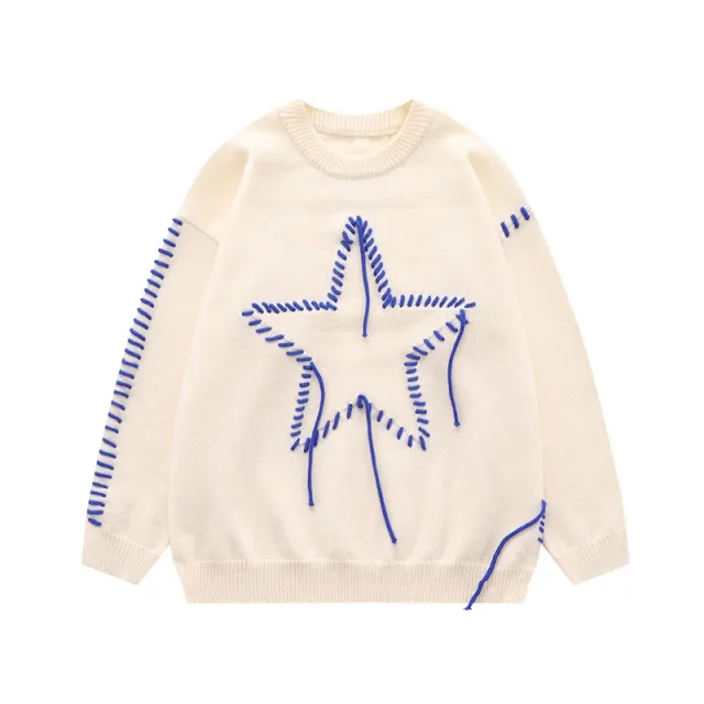 Autumn New Star Design Knitted Men's And Women's Round Neck Sweater Light Apricot Color - Shop at LoveMi