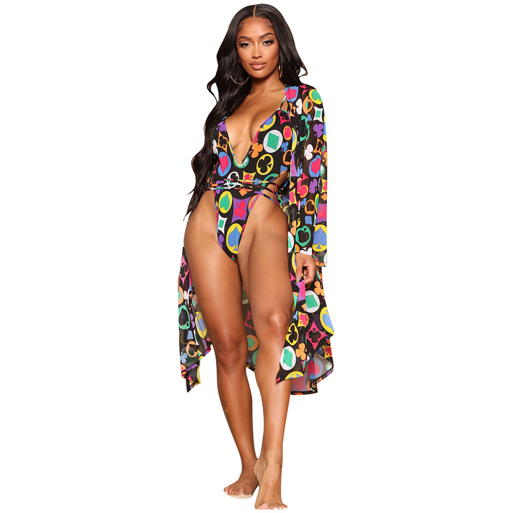 Women’s V-Neck Mesh Print Swimsuit Ladies Two Piece Shawl