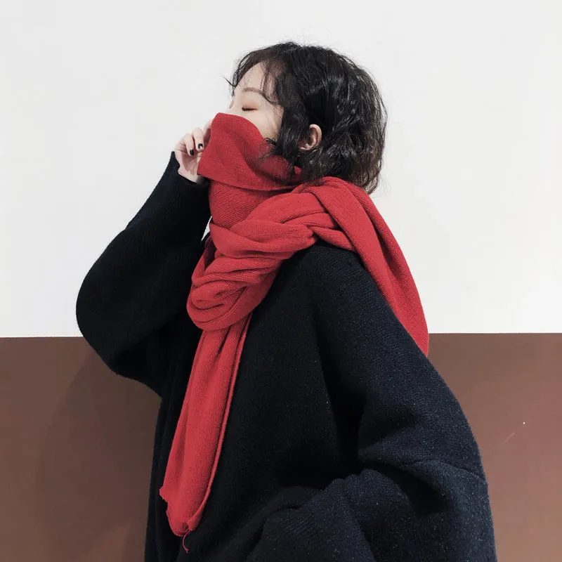 Women's Versatile Fashion Solid Color Knitted Woolen Scarf - Wine Red