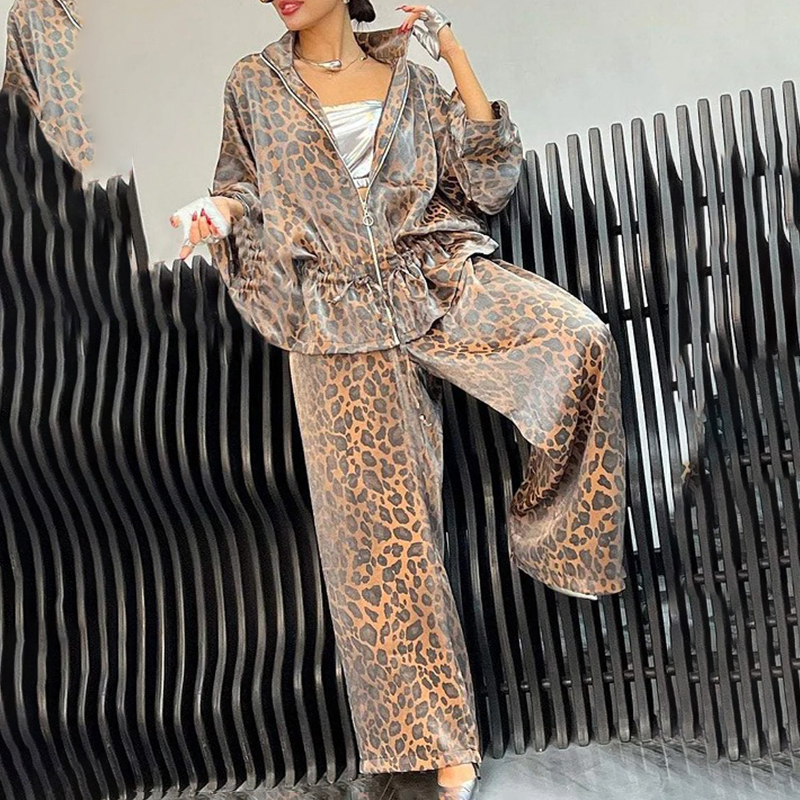 Women's Casual 2 Piece Set, Drawstring Leopard Print Zip Up Top & Wide Leg Pants For Spring Fall Camel Color - Shop at LoveMi