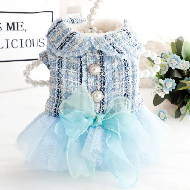Plush Thick Lace Dog Clothes Cat Princess Skirt Blue - Shop at LoveMi