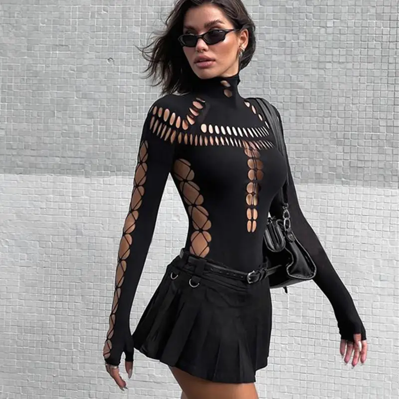 Broken Spider Web High Neck Slim Fit One Piece Girl