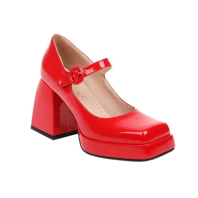 Japanese All match Lolita Retro Patent Leather Thick High Heels Women Red - Shop at LoveMi