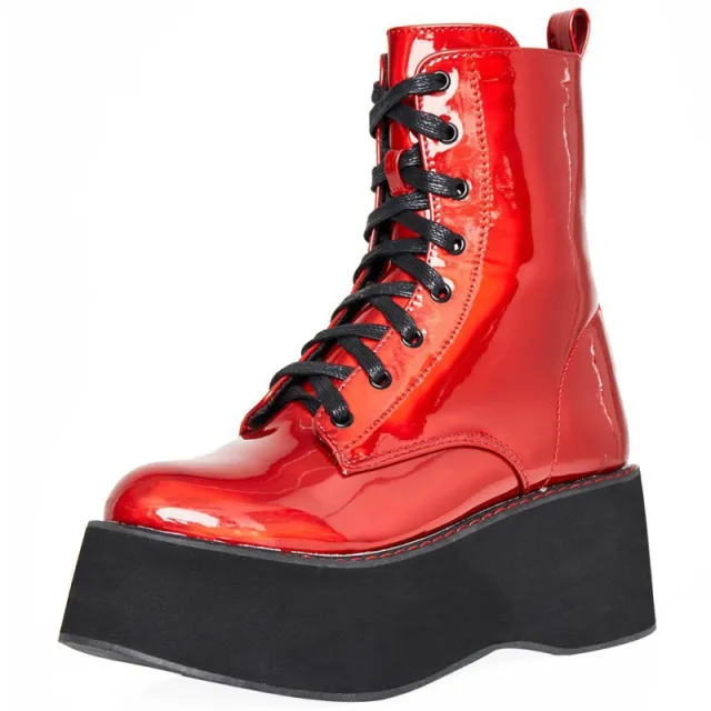 New Fashion Women's Patent Leather Lace up Platform Ankle Boots Red - Shop at LoveMi