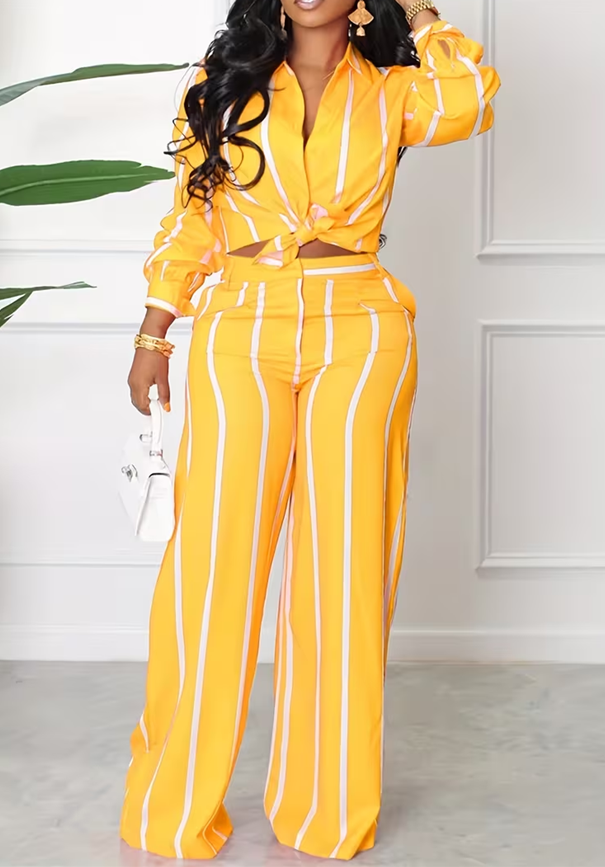 Women's American Retro Striped Lapel Long Sleeve Wide-Leg Pants Suit