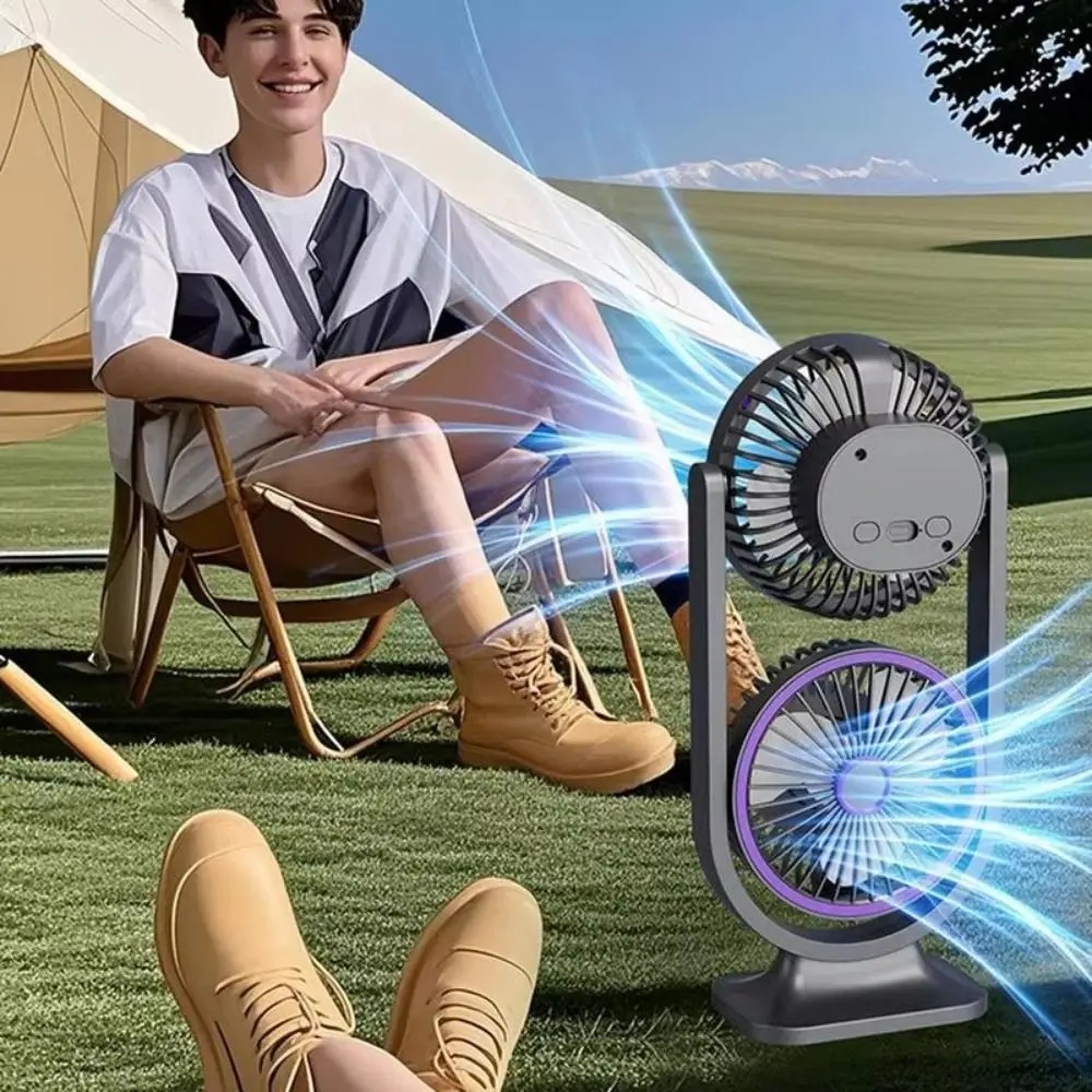 5 Gear Dual-Head Desktop Fan USB Rechargeable Low Noise Double Head Desk Fan Night Light Independent Control — foto 3