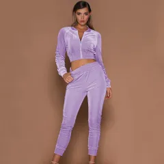 Velvet Suit Solid Colour Zipper Sweater And Foot Sports Trousers Two-piece Women - Purple - View 1