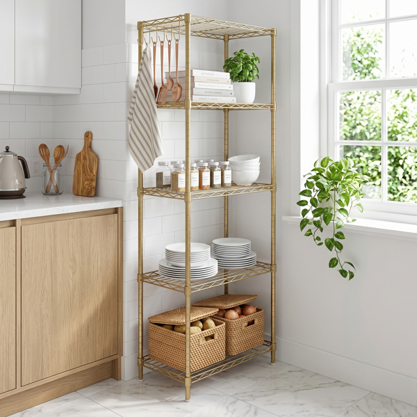 5-layer Display Rack With Adjustable Layer Spacing, Plug-in Deformable Structure, Adjustable Feet, Made Of Iron, 54x29x150cm, Powder-coated High-gloss Gold Finish — foto 2