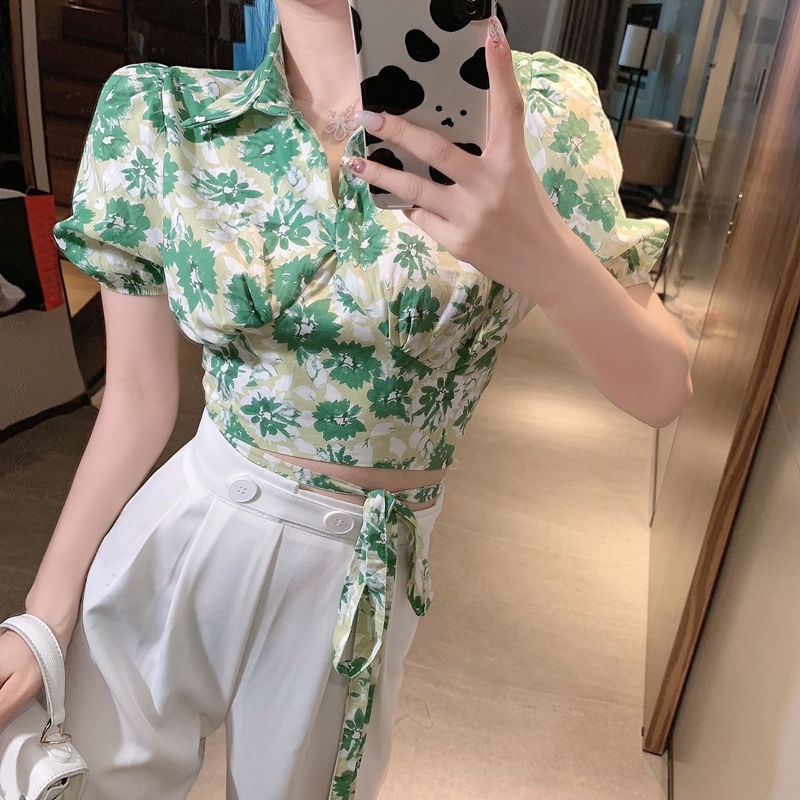 Cross Tie Green Retro Flowers Short Puff Sleeve Shirt