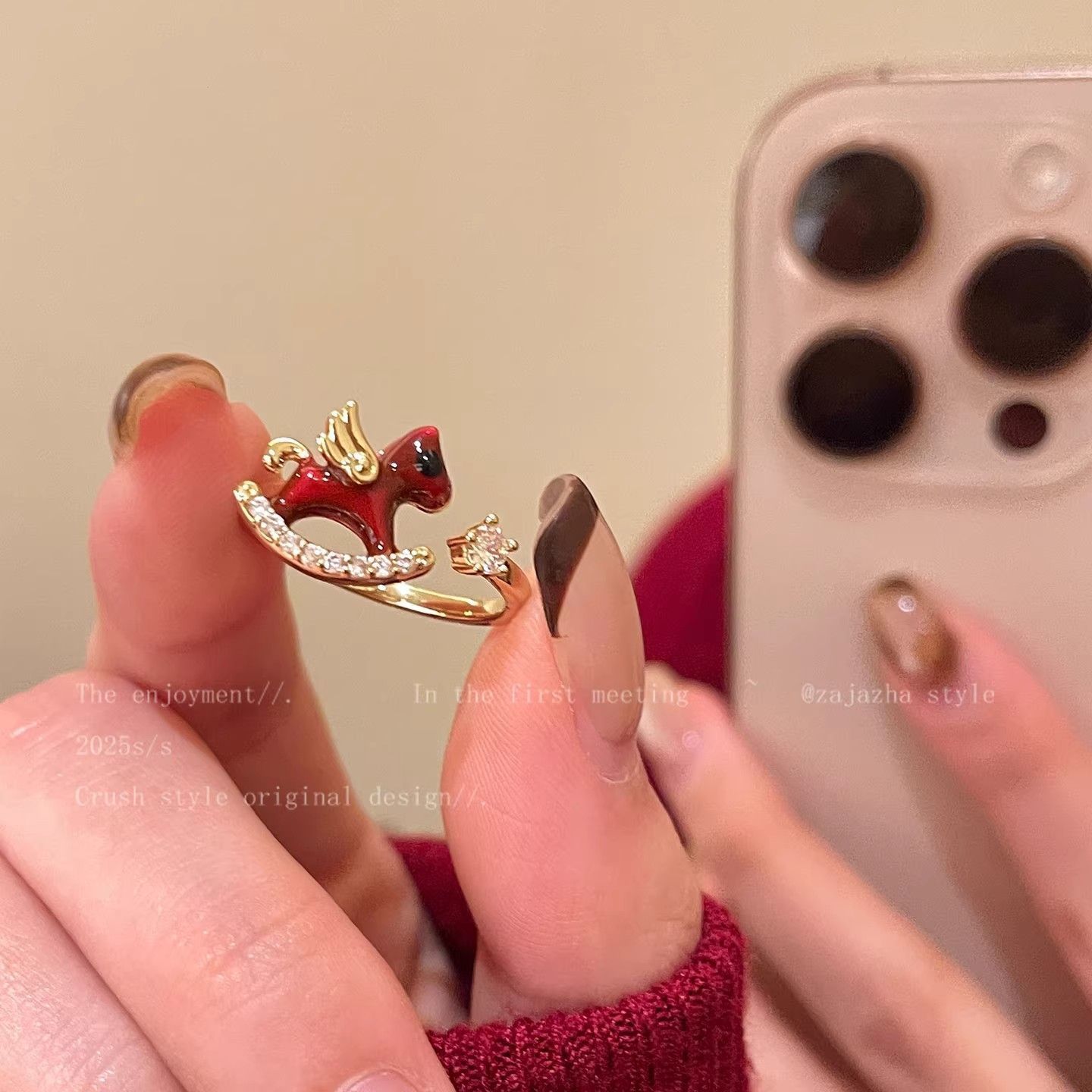 Women's Sweet Red Enamel Pony Ring With Sparkling Diamonds, Niche High end Design, Unique... thumbnail 1