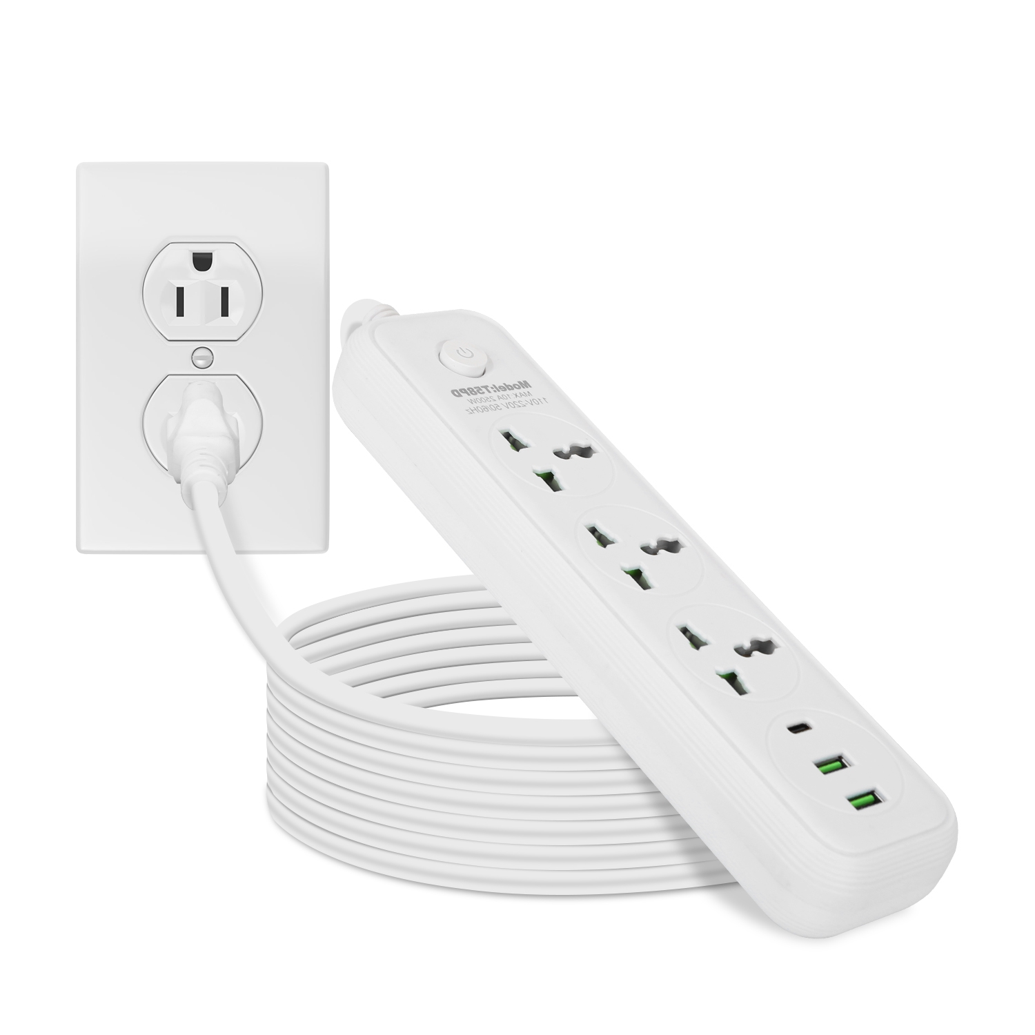 1Pc Power Strip With 6FT Extension Cord 3 AC Outlets And 2 USB A Ports 1 USB C P