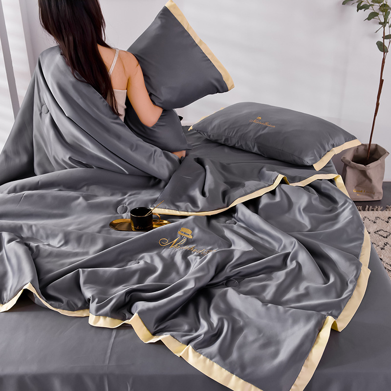 Simple Sheet Fitted Sheet Solid Color Embroidery Washed Silk Summer Quilt Set