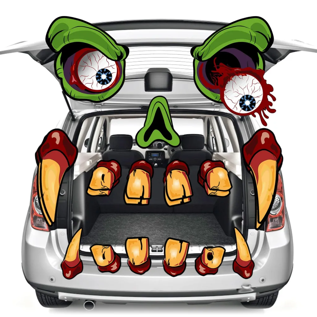 Large Trunk Or Treat Car Decoration Kit - Monster Face Garage Door Decor With Eyes, Teeth - Outdoor Stickers For SUV, Jeep Clearance - W13688219