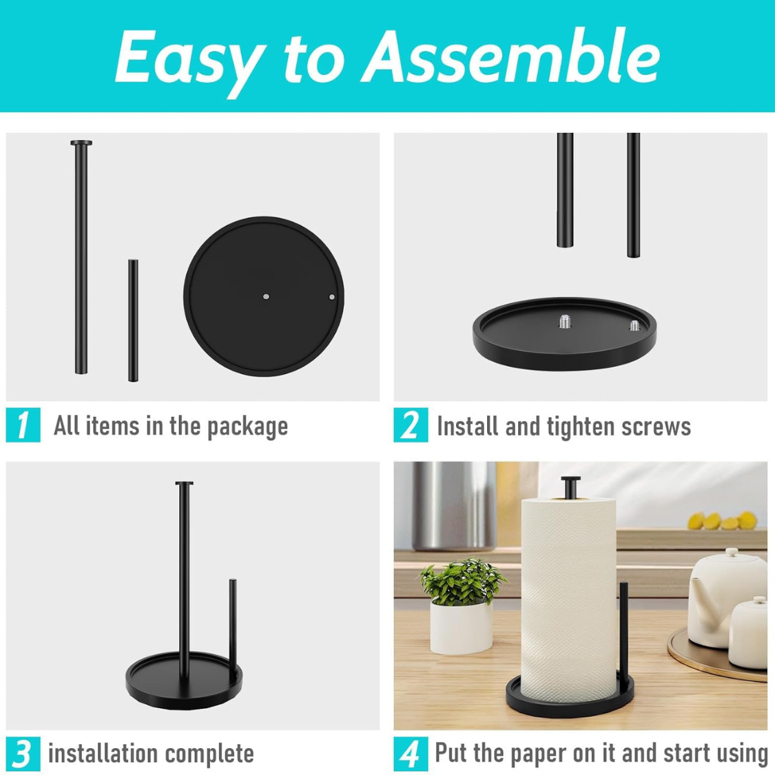Paper Towel Holder Countertop, Standing Paper Roll Holder With Anti Slip Weighted Base, Stainless Steel Freestanding Paper Towel Holder For Kitchen, Black